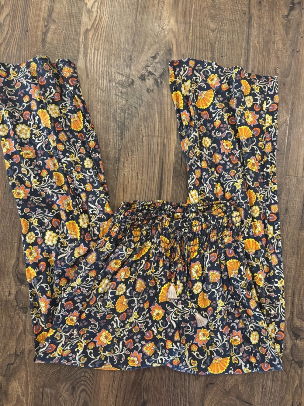 one 5 one Navy Floral Wide-Leg Jumpsuit with Yellow & Orange Flowers